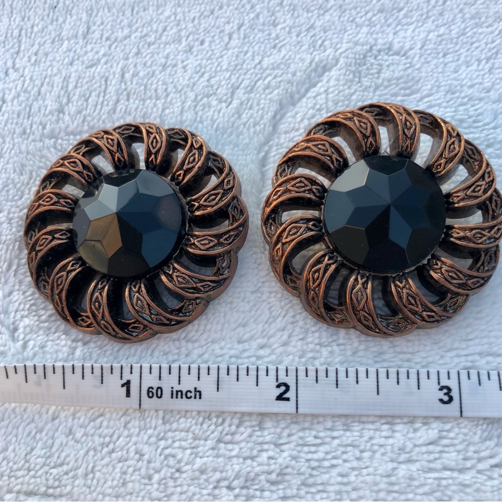 Vintage Earrings Resin Clip On Round Black Jewel Lightweight